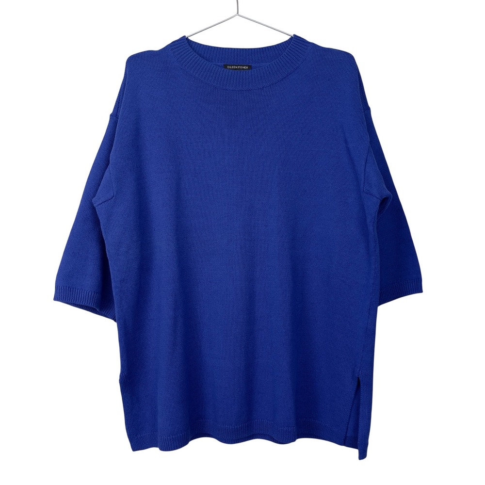 Eileen Fisher Knit Oversized Linen Cotton Sweater S/M Blue Half Sleeve Lagenlook